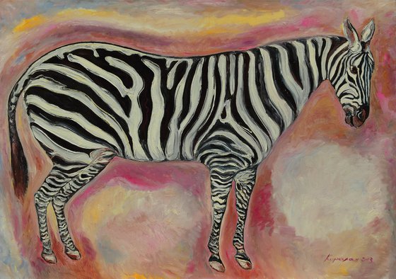 ZEBRA - animal art, black and white, large size original oil painting, flora and fauna