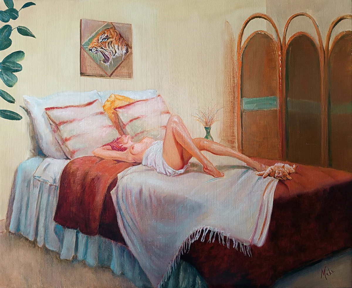 Impressionistic Animal Oil Painting By Isabel Mahe, 31 X 27, Feline, Original Artwork