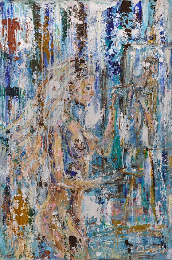 Nude: SHE IS PAINTING HER DREAM - by Oswin Gesselli - 60x90 cm/ 23.62"x35.43"