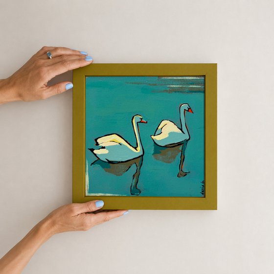 Original Small Painting Blue "2 Swans"