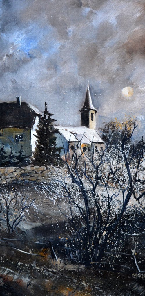 Winter moonshine on my village by Pol Henry Ledent