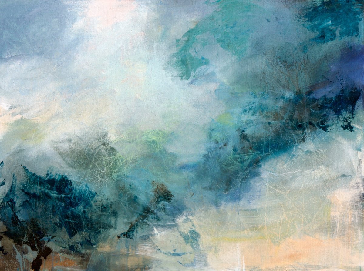 Expressive Abstract Acrylic Painting By Karen Hale, 48 X 36", Beneath The Blue, Original Artwork