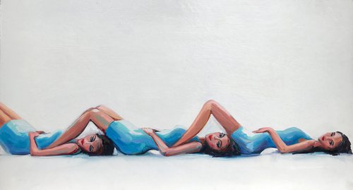 THREESOME - oil painting on cardboard, original gift, blue, woman, nude, erotics, original gift, home decor, pop art, office interior by Sasha Robinson