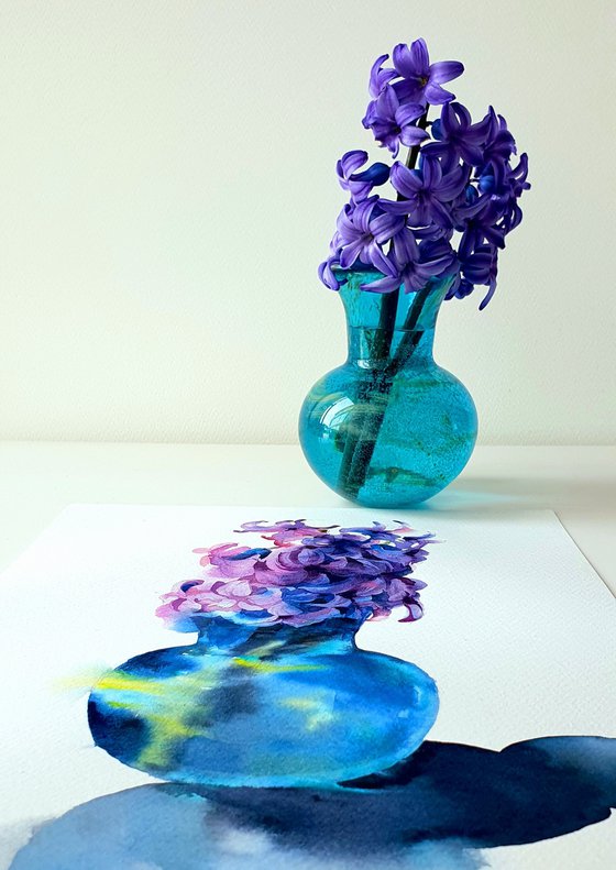 Spring Serenity: Violet Hyacinths in the azure Vase