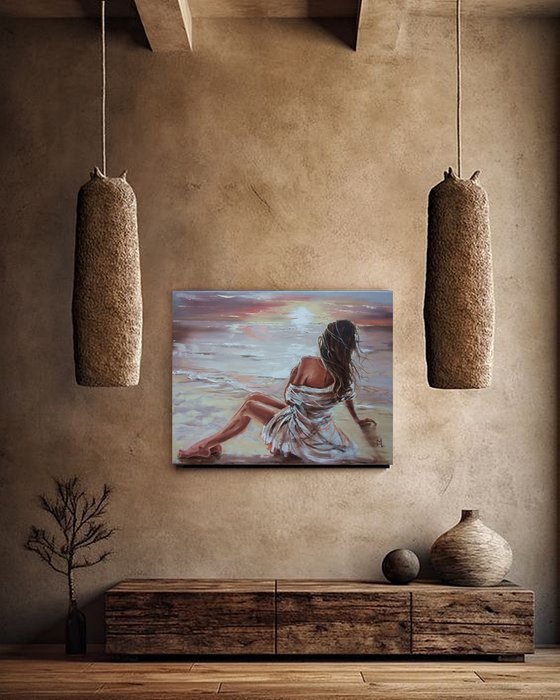 " BEACH WITH SUNSET GIRL SITTING "