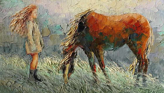 Painting Morning walk -  original oil artwork, girl and horse