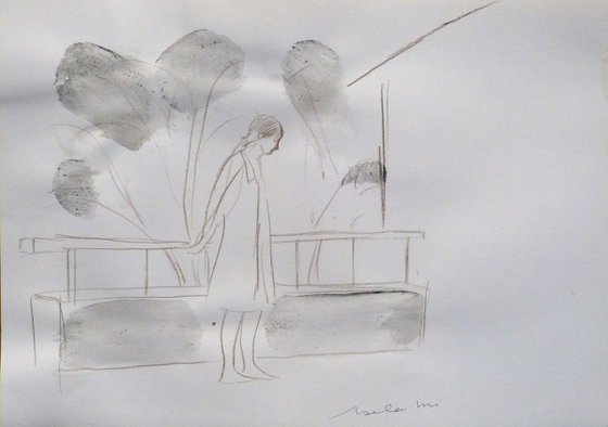 Morning on the terrace, pencil sketch 29x21 cm