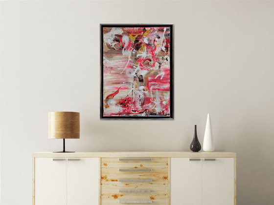 Framed red and white gestural action painting abstract still life pot with flowers O KLOSKA