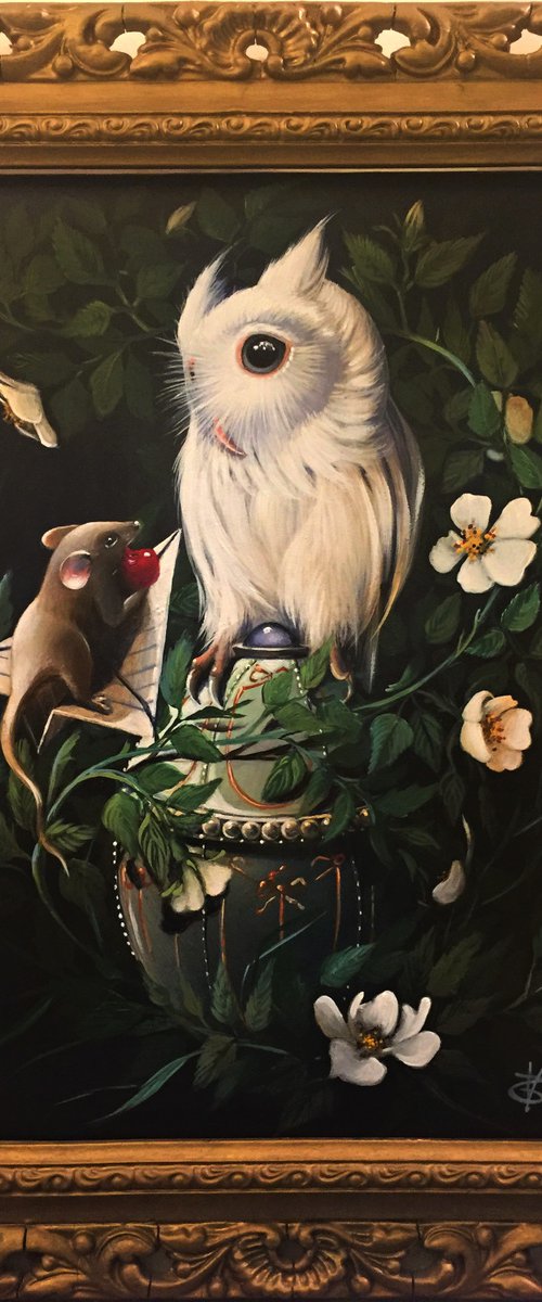 A cherry for the white lady - Original acrylic on canvas framed - 30 x 40 cm unframed 41x 51 framed ( 12 x 16 inches unframed / 16 x 20 inches framed ) by Valentina Toma' aka Zoe Chigi
