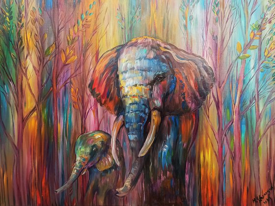 Elephant's family (60x80cm, oil painting, ready to hang)