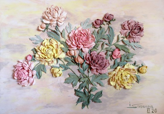 Bouquet of tenderness - peonies - 3d still life with a bouquet of flowers 100x70x7 cm