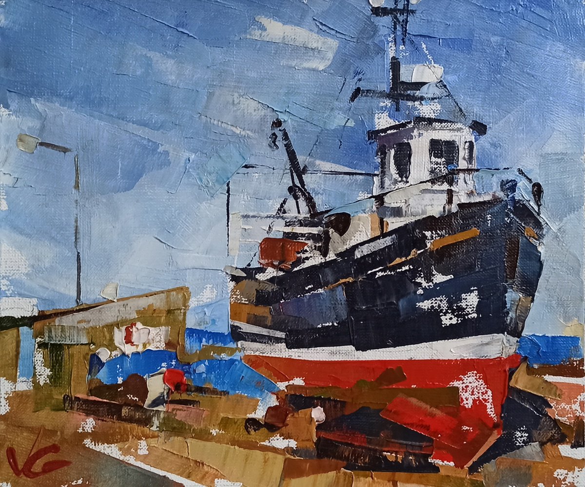 Impressionistic Landscape Oil Painting By Volodymyr Glukhomanyuk, 12 X 10", Series Fishing Boats #2, Original Artwork