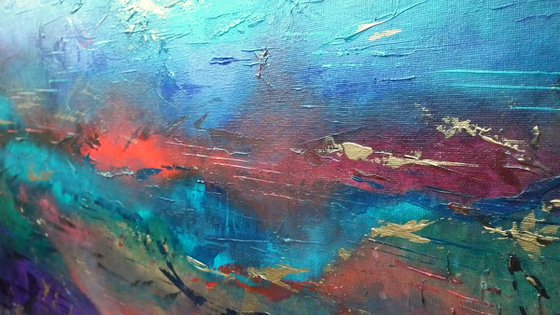 Fire on the Hills - red, blue, teal and gold abstract
