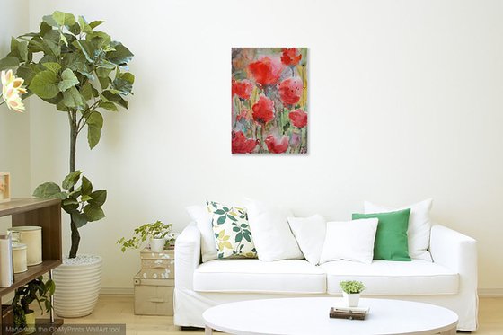 Original watercolor painting Flowers poppies