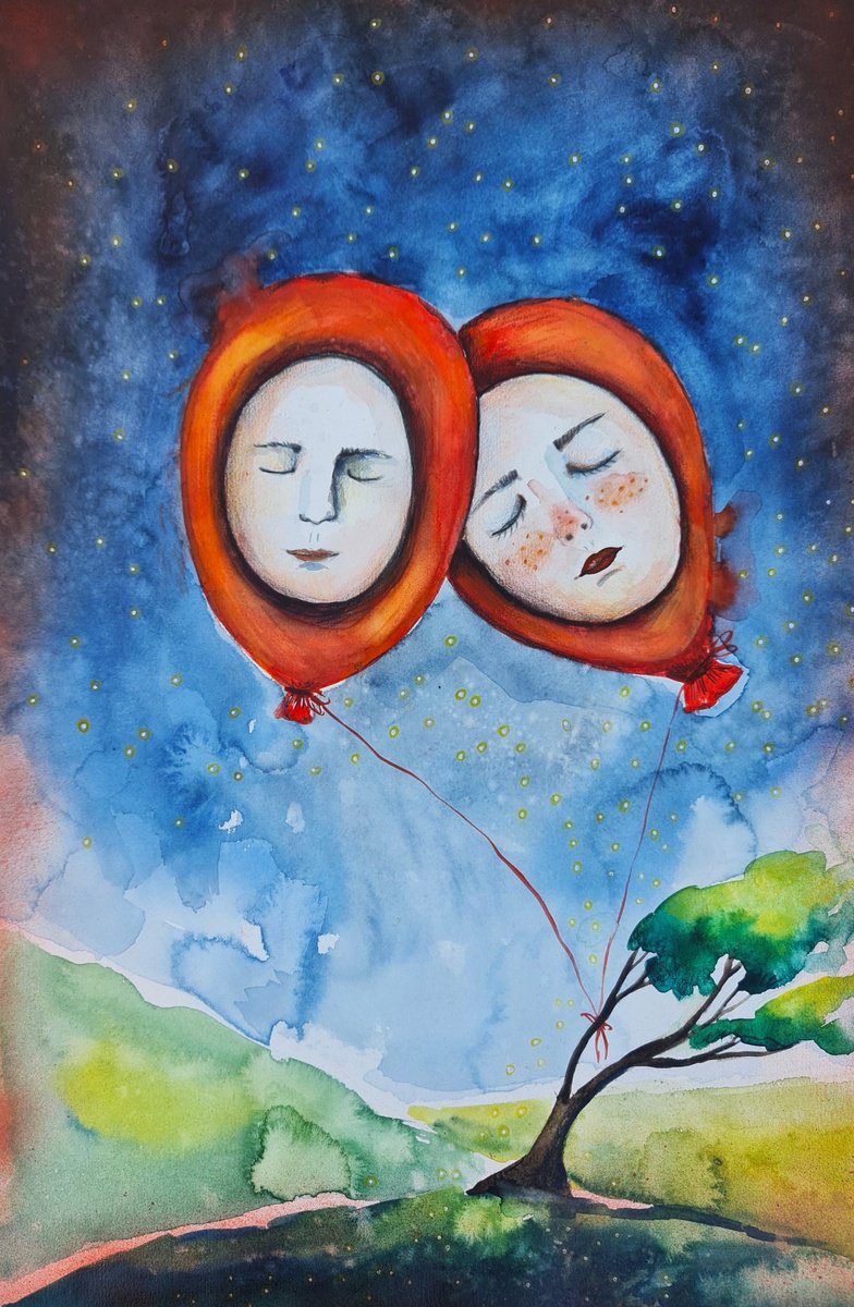 Surrealistic Portrait Watercolour By Evgenia Smirnova, 15 X 22, Tied To Dreams, Original Artwork