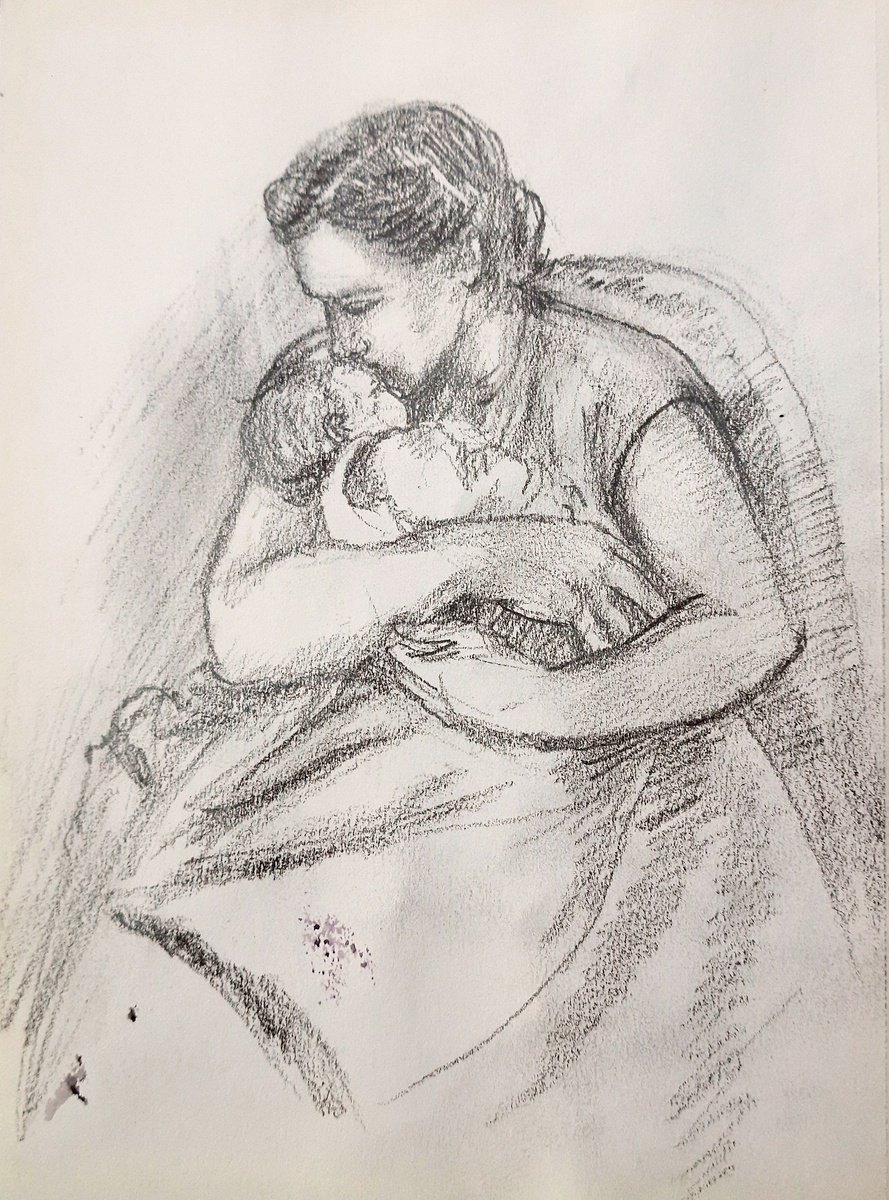 Mother and baby pencil sketch on 5.8x8.3 by Asha Shenoy