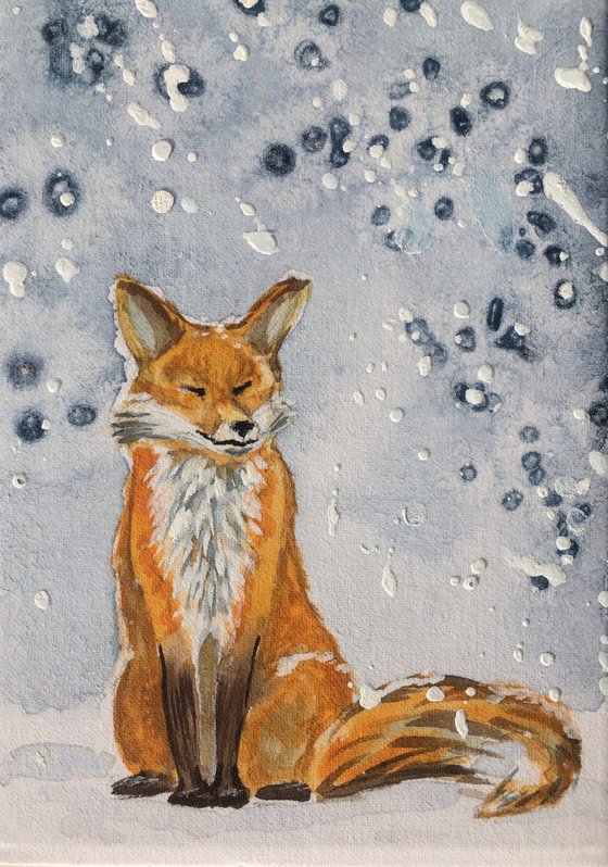 Fox portrait - Animal in winter forest - Small watercolor on canvas board - Framed artwork - Gift idea for animal lover