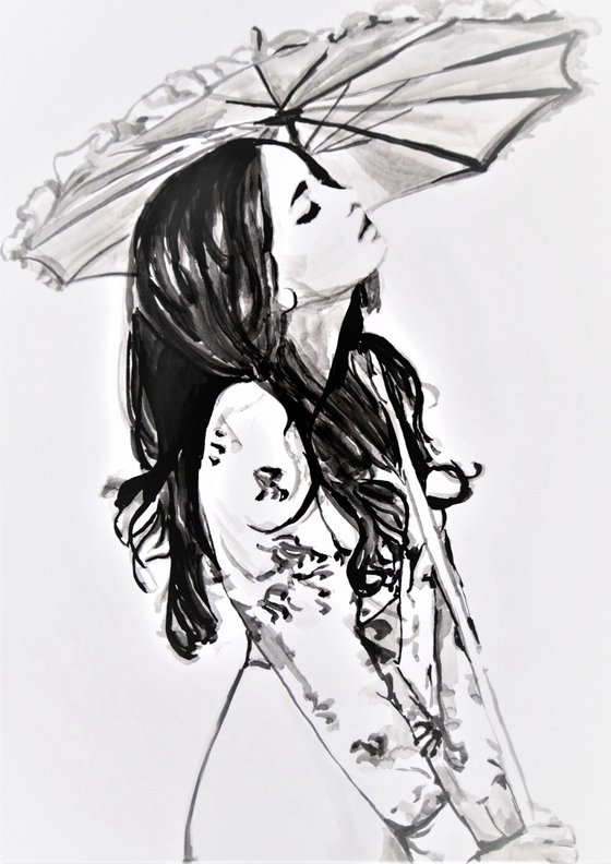 Girl with umbrella / 70 x 50 cm