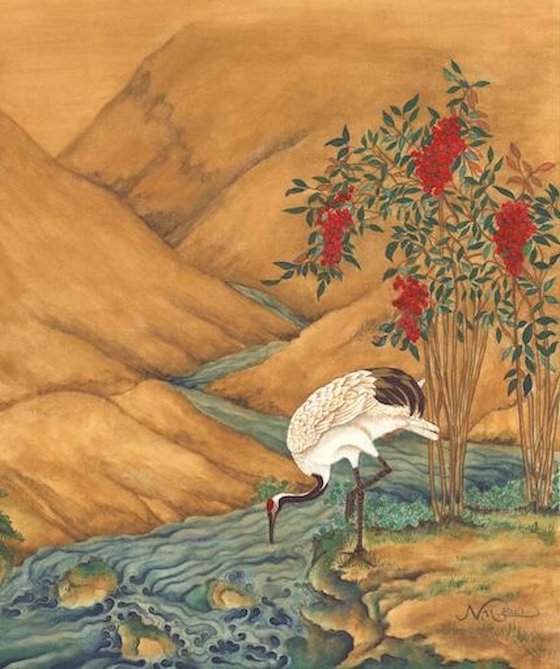 Cranes Beside a Meandering Stream With Heavenly Bamboo