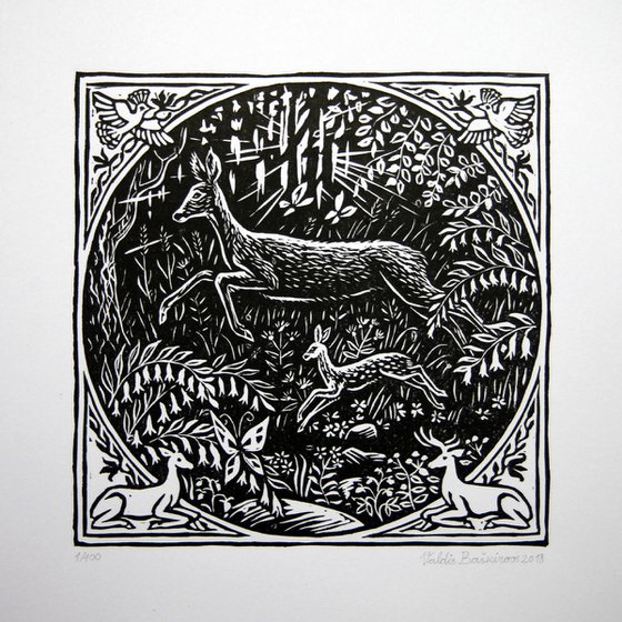 Deer Mama & Fawn Linocut Print.