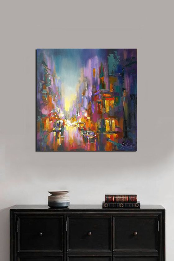 Painting Cityscape - Evening city, megapolis, evening lights, original oil art