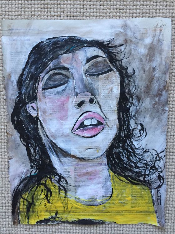 That Face Acrylic on Newspaper Face Art Woman Portrait Pink Lips 37x29cm Gift Ideas Original Art Modern Art Contemporary Painting Abstract Art For Sale Free Shipping