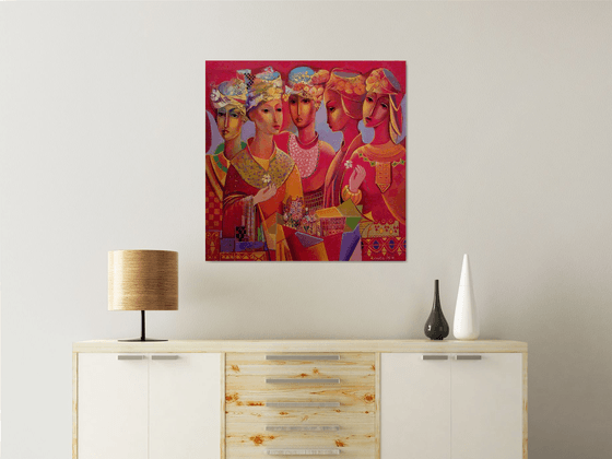" Five Directions " - 80 x 80cm Original Oil Painting RED dress 5 Women