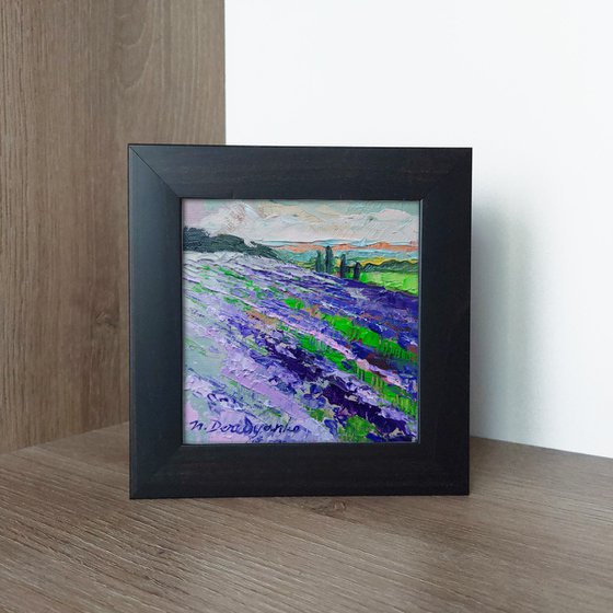 Yorkshire Lavender flowers field painting original, Purple Landscape oil painting art miniatures in frame, Mini painting guest gift