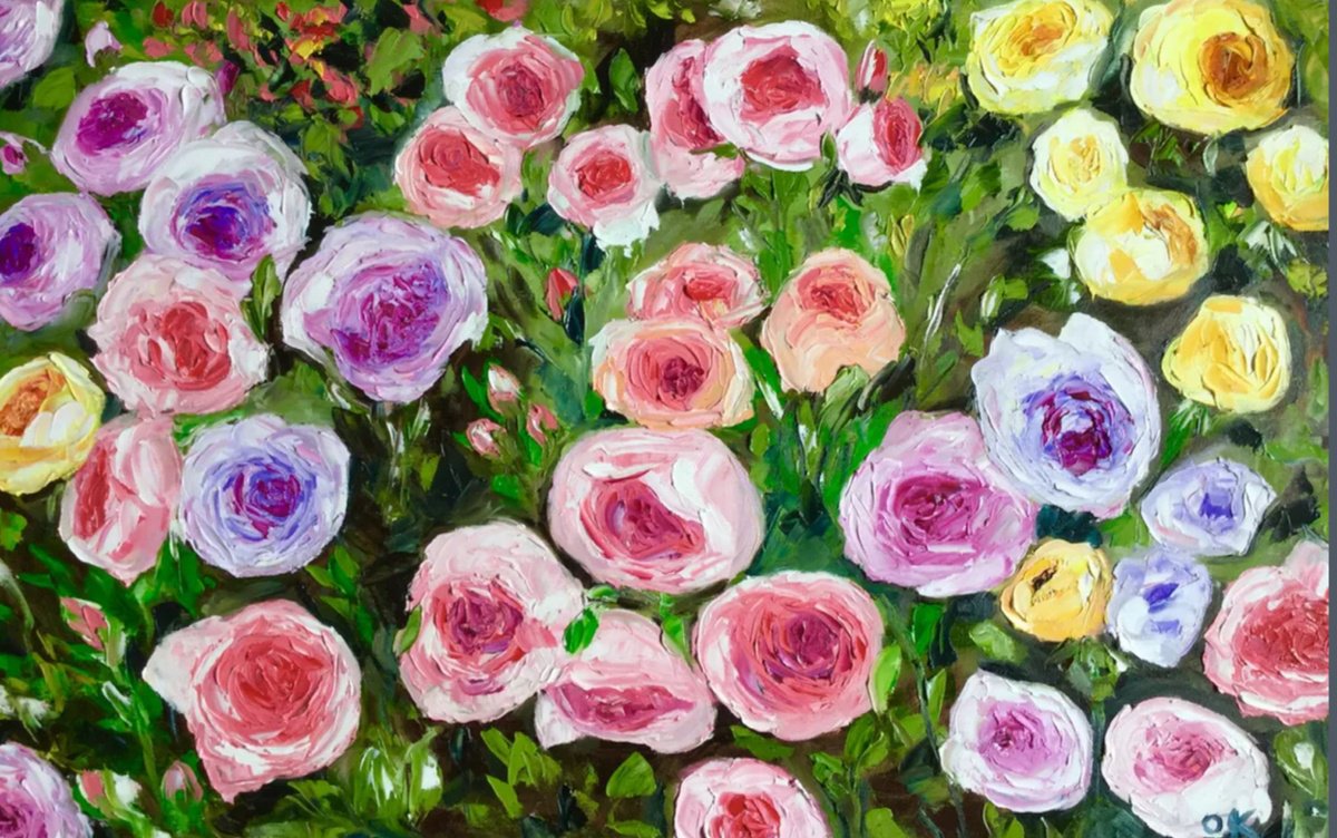 Impressionistic Botanical Oil Painting By Olga Koval, 32 X 20", White Pink Yellow Purple, Original Artwork