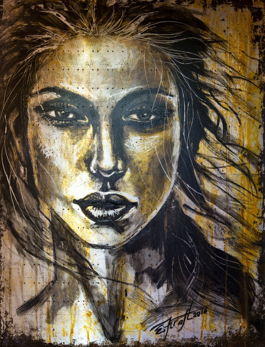 Urban And Pop Portrait Acrylic Painting By Elena Kraft, 21 X 28, The Moment, Original Artwork