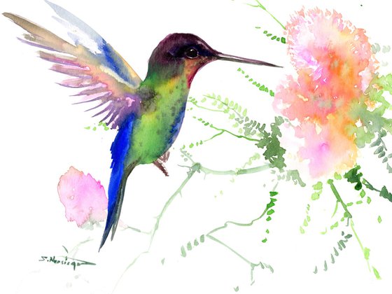 Hummingbird and Soft PInk tropical Flowers