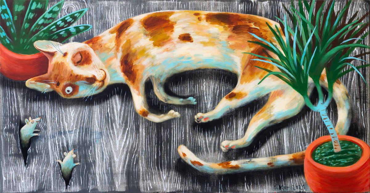 Naive Animal Acrylic Painting By Oleksandr Korol, 41 X 22", Sleeping Cat, Original Artwork