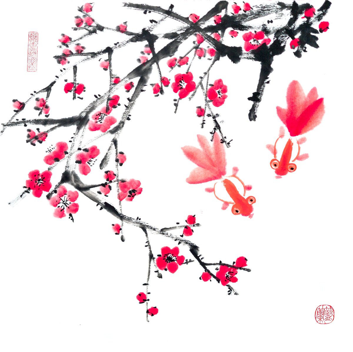 Impressionistic Botanical Ink Drawing By Ilana Shechter, 14 X 14, Two Gold Fish And Red Plum, Original Artwork