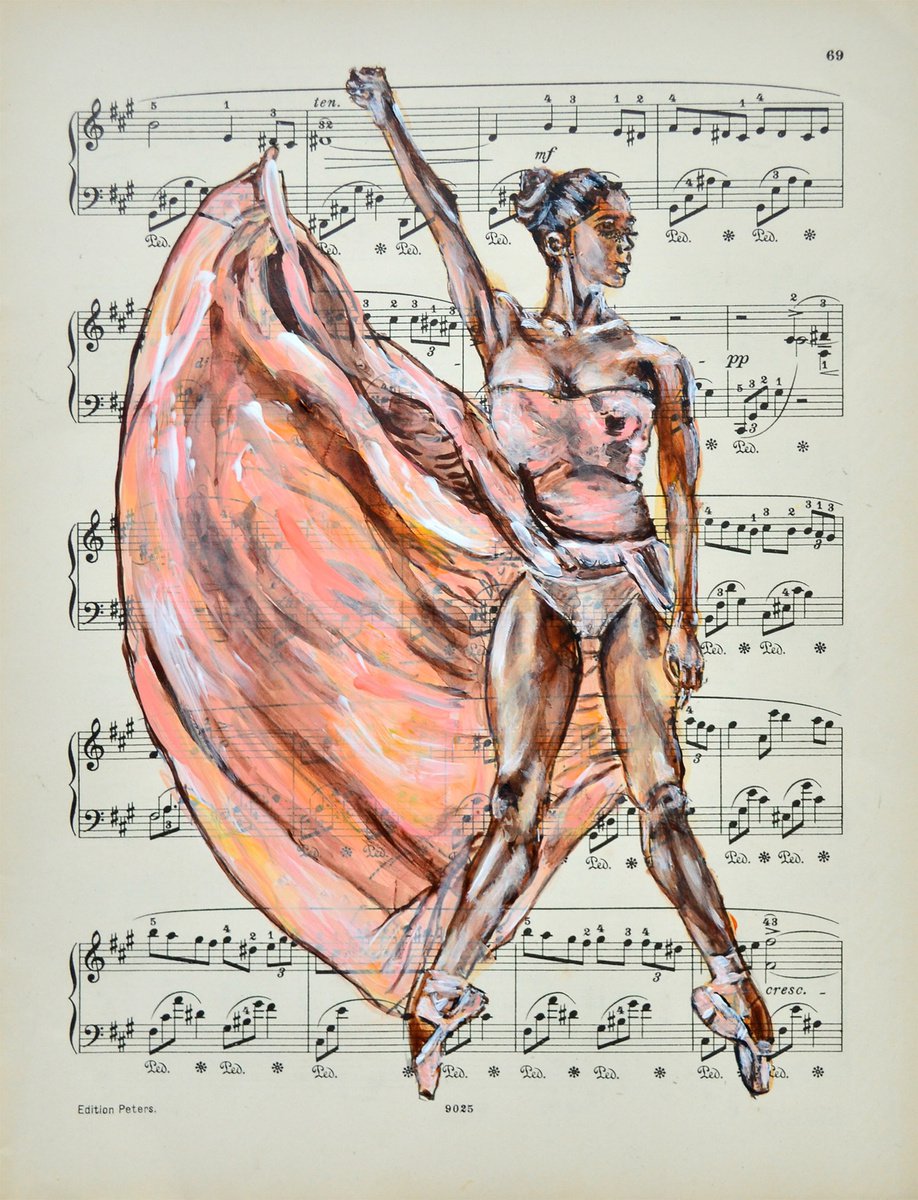 Expressive Portrait Collage By Misty Lady - M. Nierobisz, 9 X 12", Ballerina Li- Music Page, Original Artwork