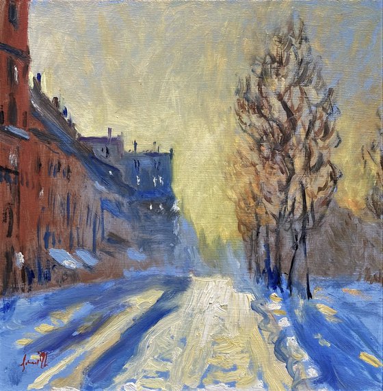 Paris in the snow at sundown. Original Cityscape Oil Painting.