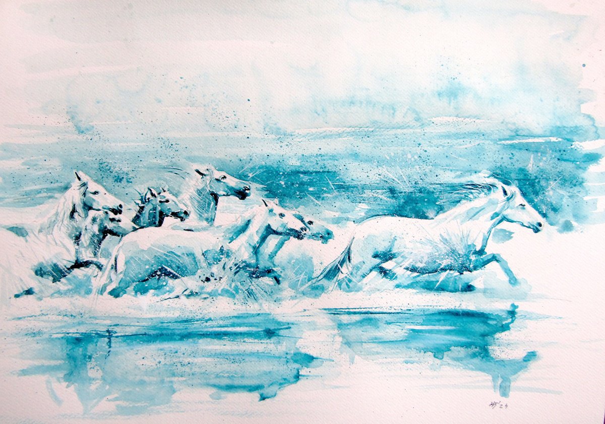 Impressionistic Watercolour , Running Horses In The River By Kovacs Anna Brigitta, 22 X 15, Artwork For Sale On Artfinder
