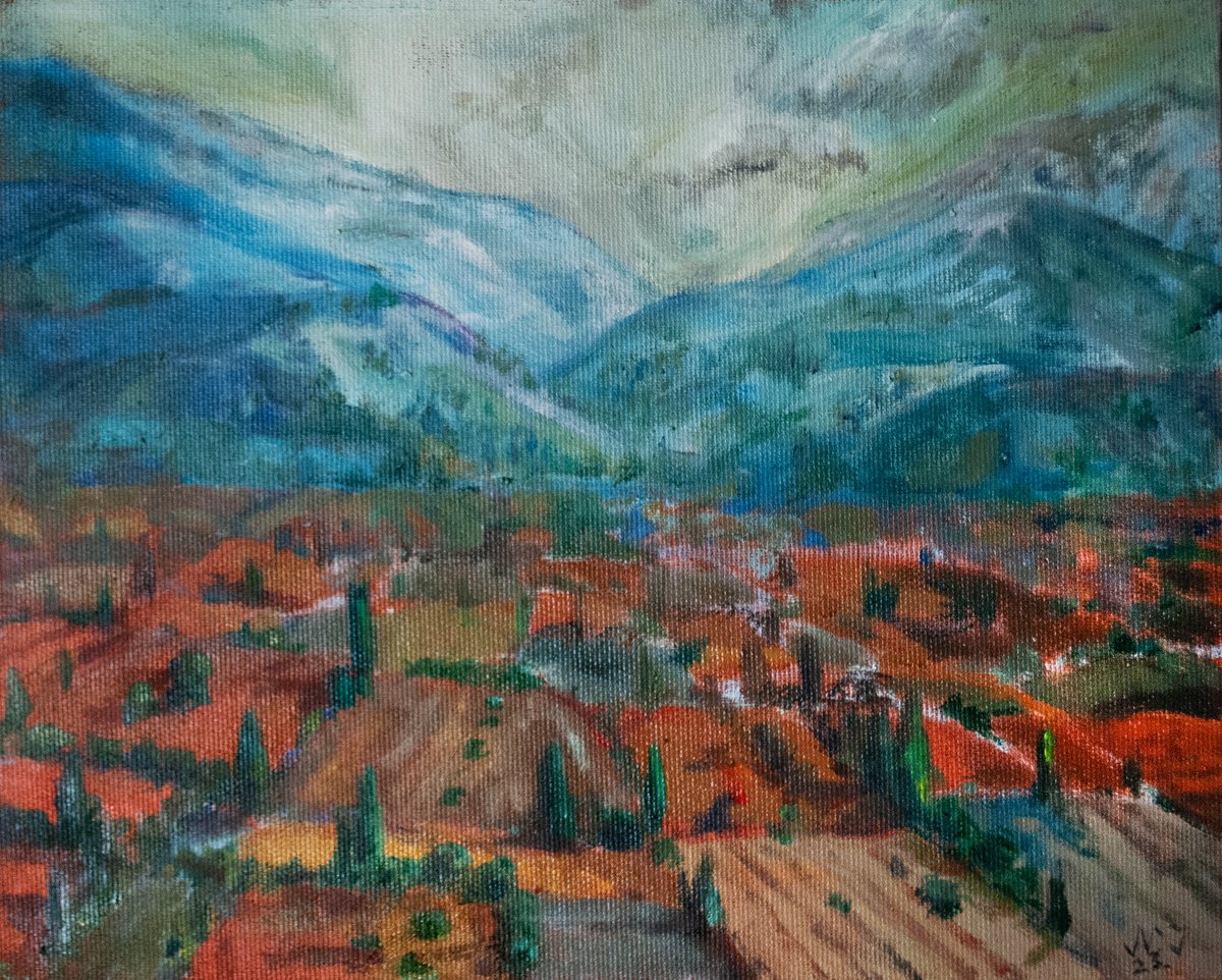 Impressionistic Landscape Oil Painting By Nikola Ivanovic, 12 X 9", Fields With Cypresses, Original Artwork