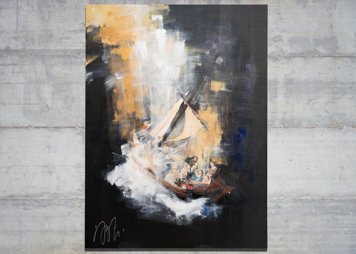 Abstract Portrait Oil Painting By Tomoya Nakano, 40 X 53", The Storm On The Sea, Original Artwork