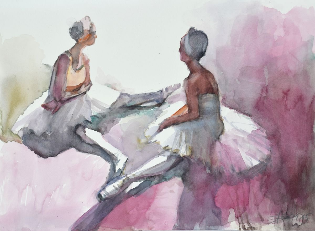 two ballerinas before performance by Goran Zigolic Watercolors