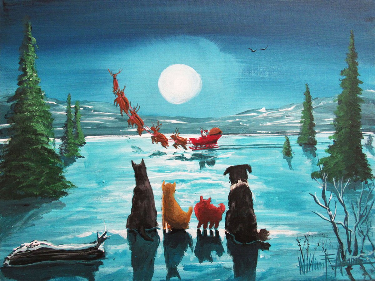 Illustrative Animal Acrylic Painting By William F. Adams, 16 X 12", A Christmas Eve Welcoming, Original Artwork