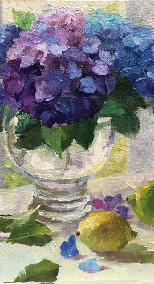 Still Life with Hydrangeas and Lemons by Ling Strube