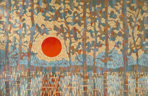 Sunset Over the Forest Lake