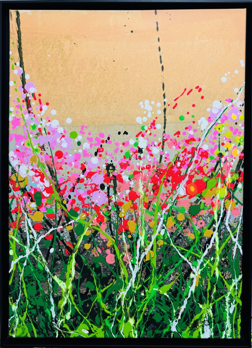 Abstract Landscape Acrylic Painting By Antoni Dragan, 22 X 30, Sunset Flowers, Original Artwork