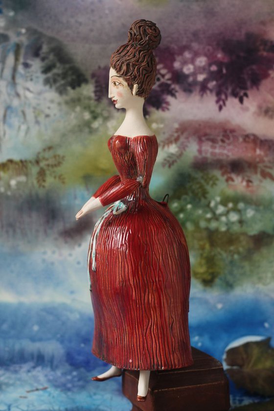 Beautiful Dame with Twirled Updo in Red Dress.  Wall sculpture by Elya Yalonetski