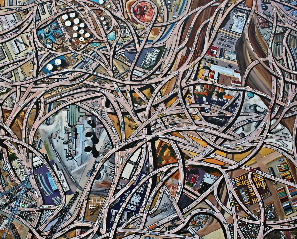 Photorealistic Cityscapes Oil Painting By Ken Vrana, 60 X 48", Take The First Ramp, Original Artwork