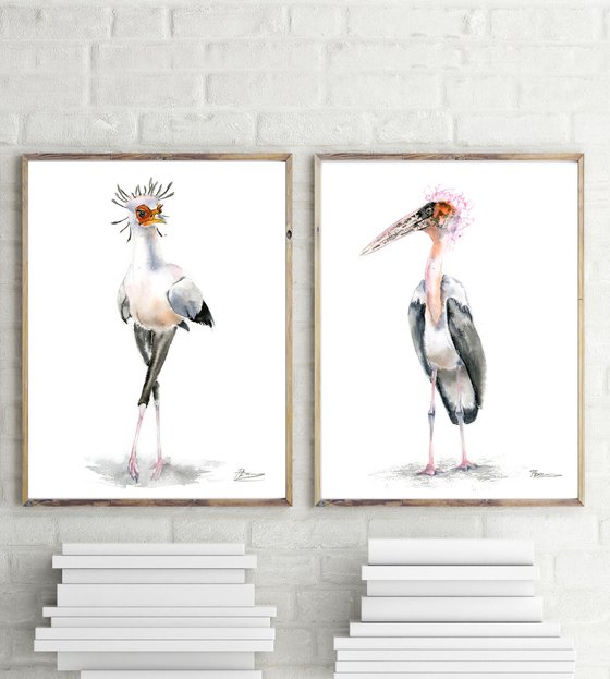 Set of 2 Funny Birds  - Original Watercolor Paintings