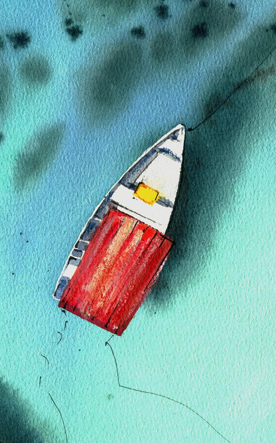 Boats near the reef original watercolor ocean  painting, beach wall art , nautical decor over the bed,