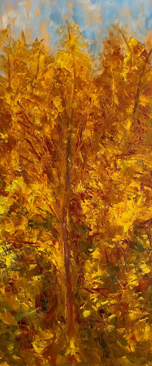 Autumn Blue Sky, Large Textured Palette Knife Painting by Deepa Kern