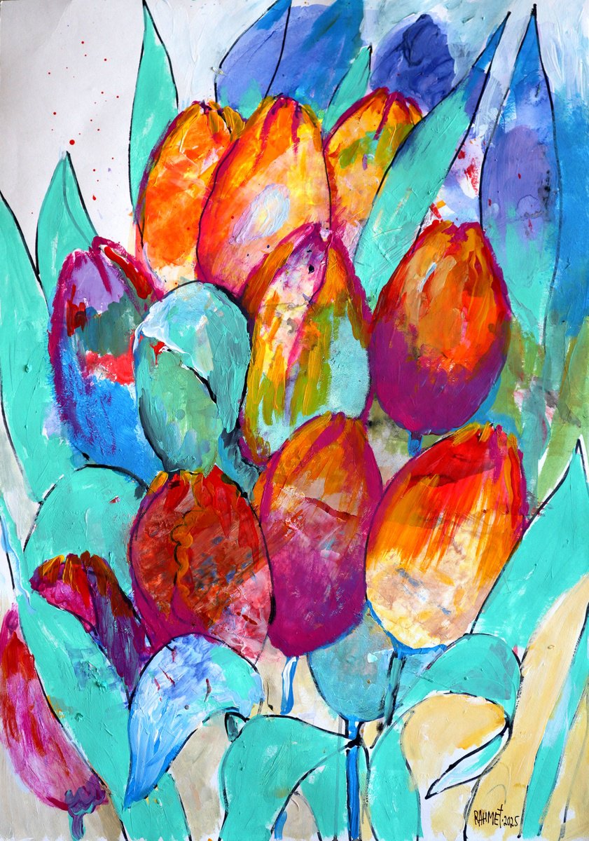 Impressionistic Botanical Acrylic Painting By Rakhmet Redzhepov, 17 X 23", Fantasy With Flowers 286, Original Artwork