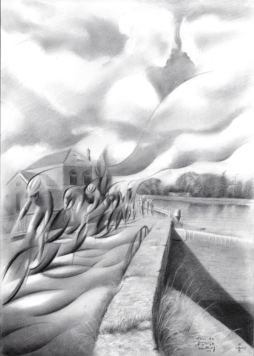 Geometric Cityscapes Pencil Drawing By Corne Akkers, 8 X 12, Tour De Rijswijk 20-07-17, Original Artwork